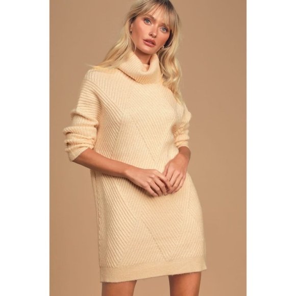 Charming Cream Ribbed Turtleneck Sweater Dress - Picture 4 of 8